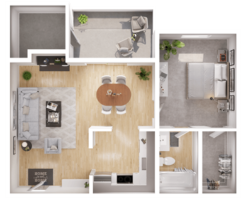 Floor plan for 1 bed, 1 bath, 745 sqft
