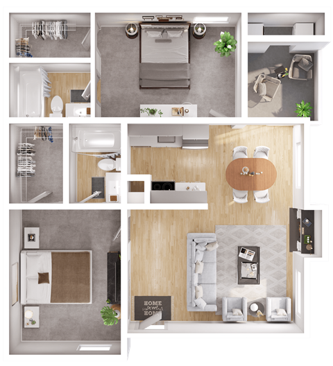 Floor plan for 2 beds, 2 baths, 892 sqft