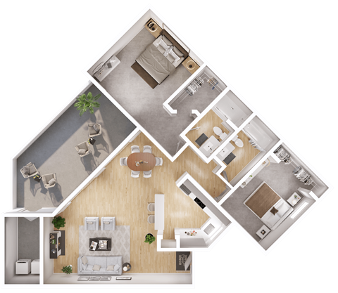 Floor plan for 2 beds, 2 baths, 1079 sqft