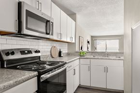 Chapel Hill apartment for rent - A kitchen with a stove, microwave, and refrigerator.