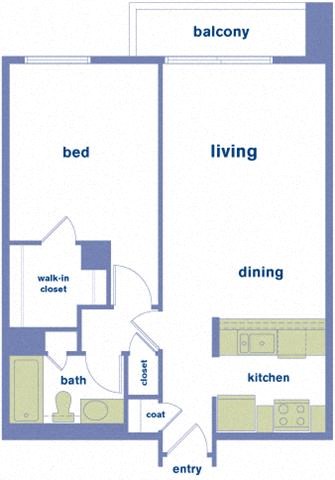Floor plan for 1 bed, 1 bath, 630 sqft