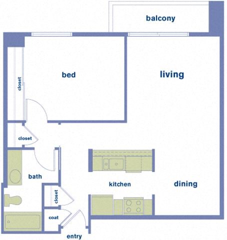 Floor plan for 1 bed, 1 bath, 650 sqft