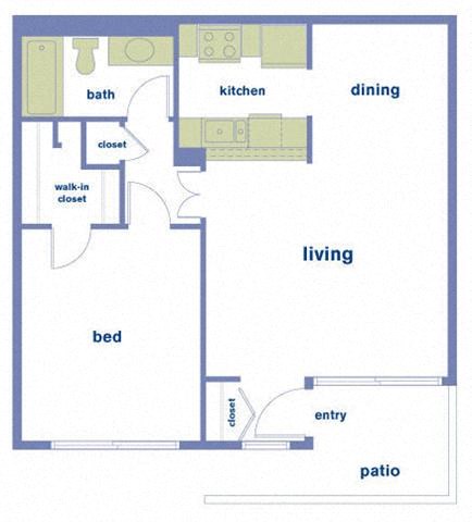 Floor plan for 1 bed, 1 bath, 655 sqft