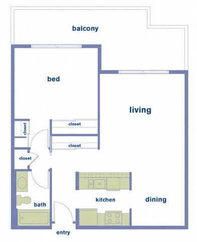 Floor plan for 1 bed, 1 bath, 685 sqft