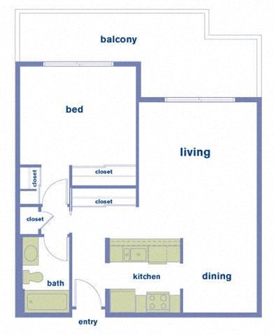 Floor plan for 1 bed, 1 bath, 685 sqft