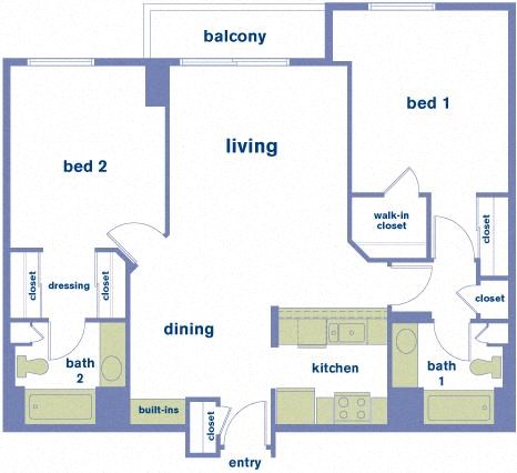 Floor plan for 2 beds, 2 baths, 975 sqft