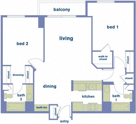 Floor plan for 2 beds, 2 baths, 975 sqft