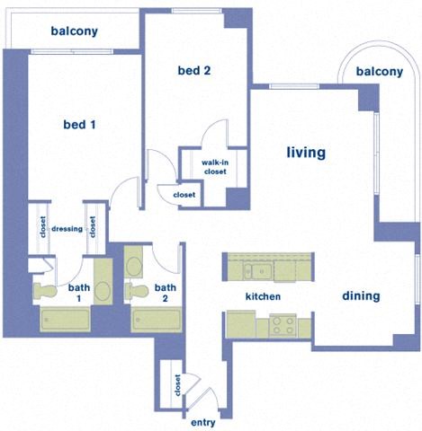 Floor plan for 2 beds, 2 baths, 985 sqft