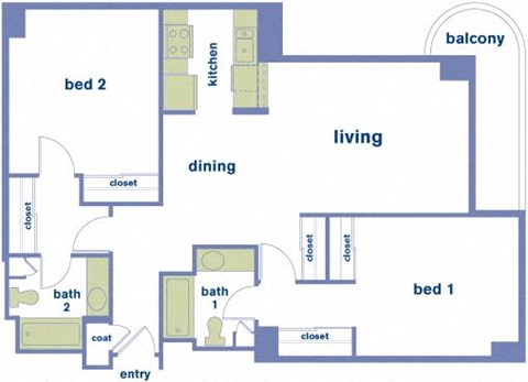 Floor plan for 2 beds, 2 baths, 1035 sqft