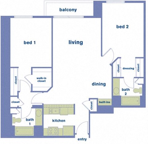 Floor plan for 2 beds, 2 baths, 1050 sqft