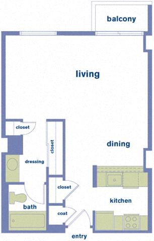 Floor plan for studio, 1 bath, 490 sqft