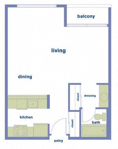 Floor plan for studio, 1 bath, 490 sqft