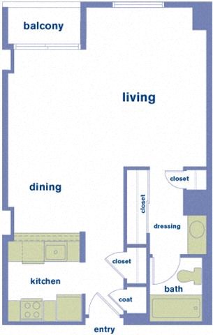 Floor plan for studio, 1 bath, 520 sqft