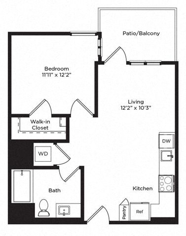 Floor plan for 1 bed, 1 bath, 660 sqft