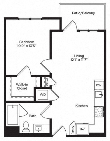 Floor plan for 1 bed, 1 bath, 681 sqft