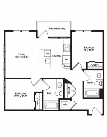 Floor plan for 2 beds, 2 baths, 933 sqft