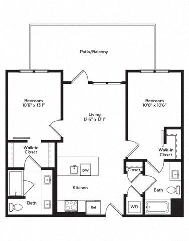 Floor plan for 2 beds, 2 baths, 981 sqft
