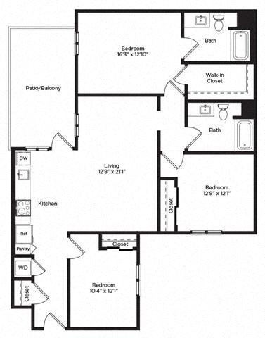 Floor plan for 3 beds, 2 baths, 1478 sqft