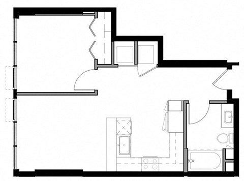 Floor plan for 1 bed, 1 bath, 661 sqft