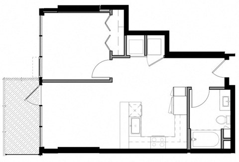 Floor plan for 1 bed, 1 bath, 661 sqft