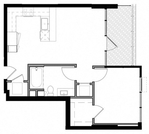 Floor plan for 1 bed, 1 bath, 673 sqft