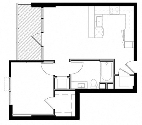 Floor plan for 1 bed, 1 bath, 676 sqft