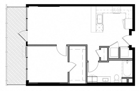 Floor plan for 1 bed, 1 bath, 781 sqft