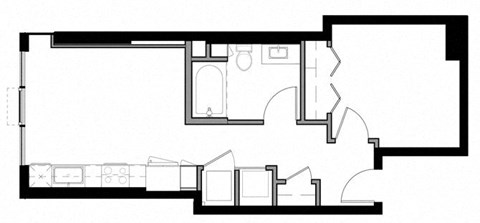 Floor plan for 1 bed, 1 bath, 595 sqft