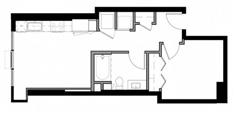 Floor plan for 1 bed, 1 bath, 597 sqft