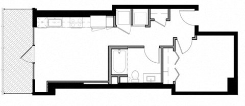 Floor plan for 1 bed, 1 bath, 599 sqft