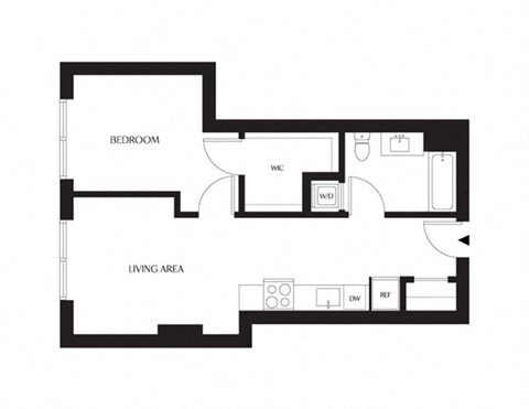 Floor plan for 1 bed, 1 bath, 611 sqft