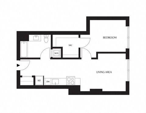 Floor plan for 1 bed, 1 bath, 614 sqft