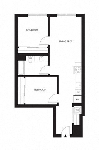Floor plan for 2 beds, 1 bath, 798 sqft
