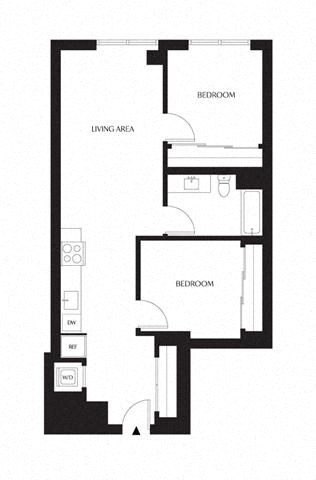 Floor plan for 2 beds, 1 bath, 840 sqft