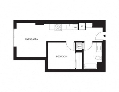 Floor plan for 1 bed, 1 bath, 539 sqft