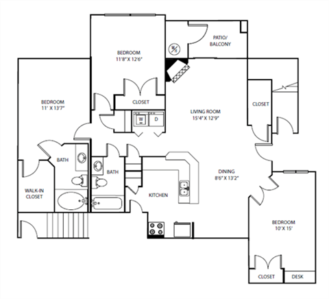 Floor plan for 3 beds, 2 baths, 1284 sqft