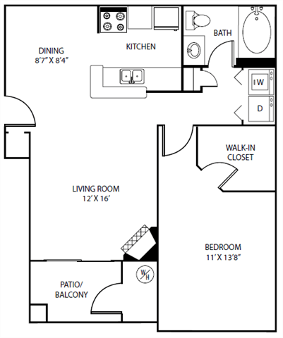 Floor plan for 1 bed, 1 bath, 718 sqft