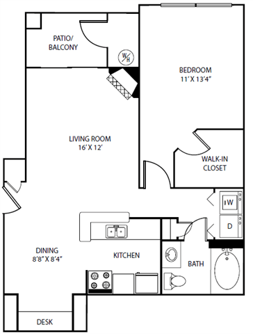 Floor plan for 1 bed, 1 bath, 727 sqft