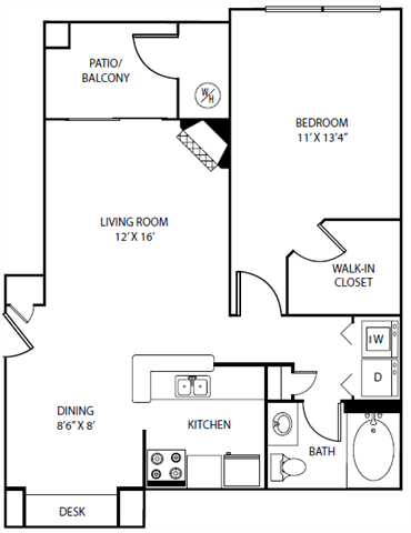 Floor plan for 1 bed, 1 bath, 735 sqft
