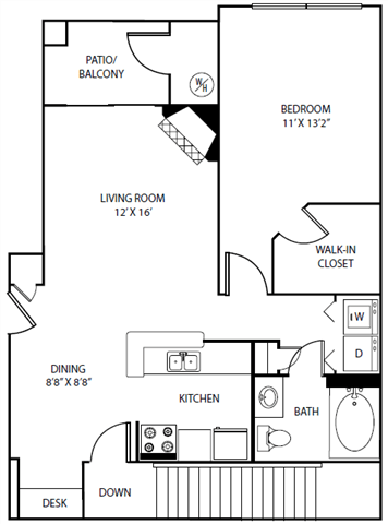 Floor plan for 1 bed, 1 bath, 742 sqft