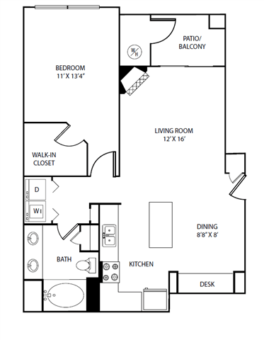 Floor plan for 1 bed, 1 bath, 805 sqft