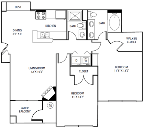 Floor plan for 2 beds, 2 baths, 994 sqft