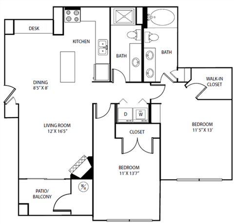 Floor plan for 2 beds, 2 baths, 1056 sqft