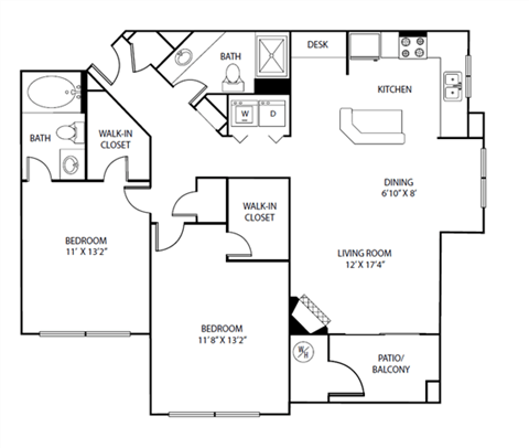 Floor plan for 2 beds, 2 baths, 1111 sqft