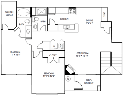 Floor plan for 2 beds, 2 baths, 1184 sqft