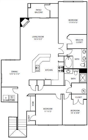 Floor plan for 3 beds, 2 baths, 1664 sqft