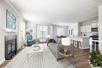 Alexandria apartment for rent - A living room with a grey couch, a fireplace, and a painting on the wall.
