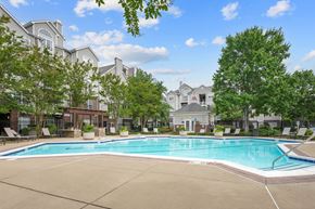 Alexandria apartment for rent - A large swimming pool surrounded by lounge chairs and trees in front of a building.