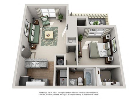 Floor plan for 1 bed, 1 bath, 685 sqft