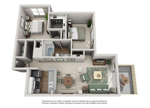 Floor plan for 2 beds, 1 bath, 981 sqft